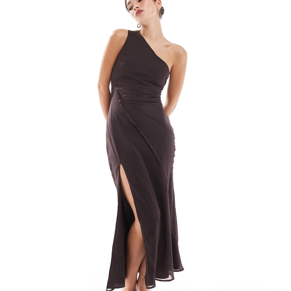 NWT. ASOS Design one shoulder midi dress with raw edge seam on brown. Size 8